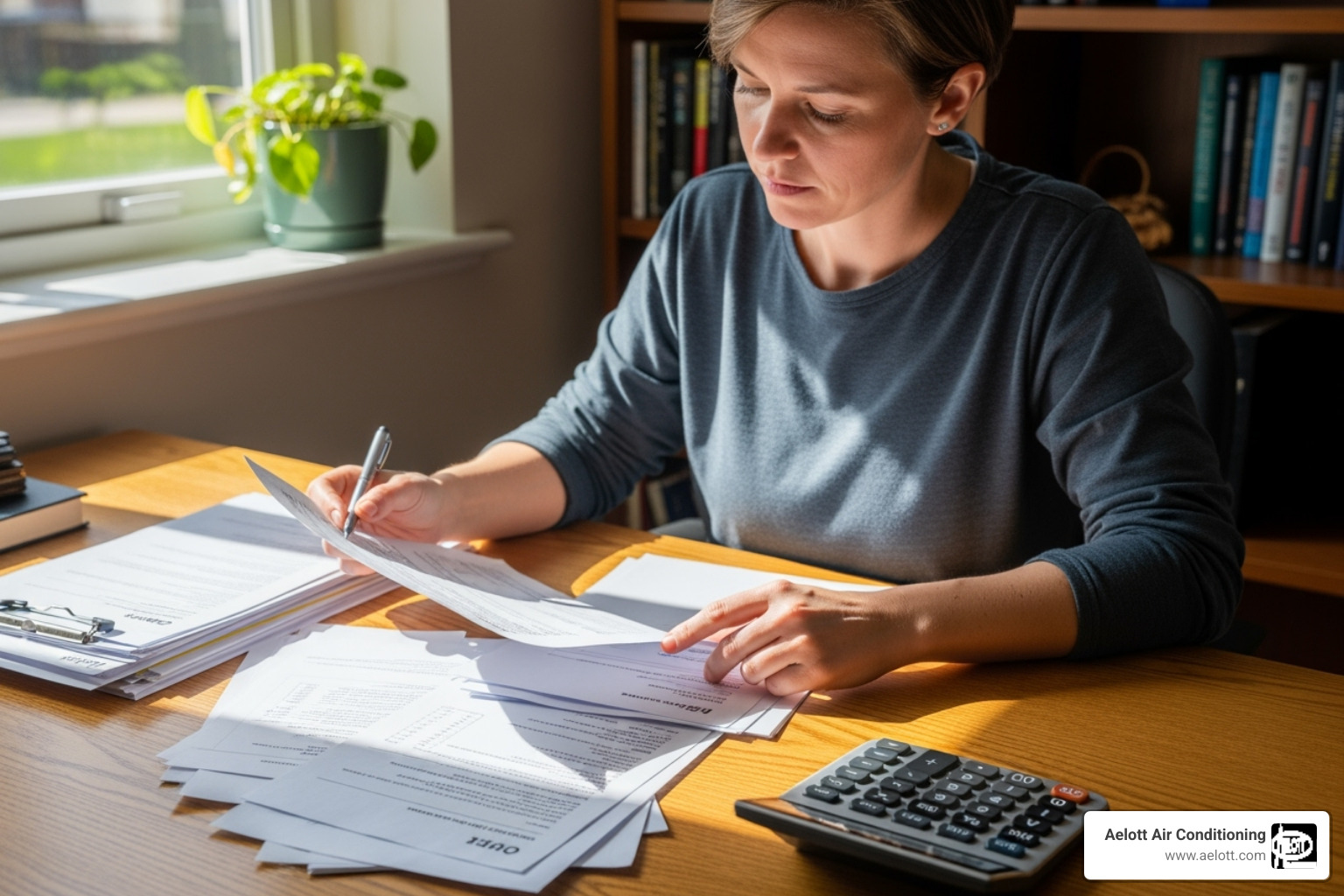 Person reviewing multiple quote documents with a calculator - New AC quote Person reviewing multiple quote documents with a calculator - New AC quote