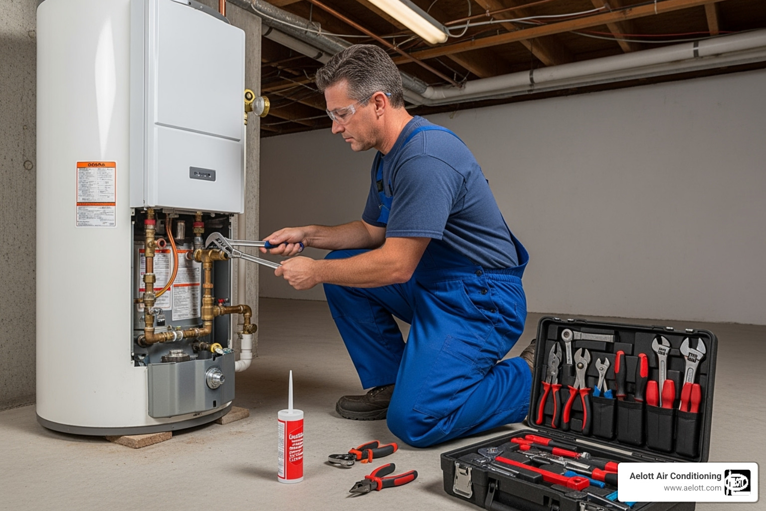 a licensed Aelott technician safely working on a gas water heater with proper tools - water heater repair San Marcos a licensed Aelott technician safely working on a gas water heater with proper tools - water heater repair San Marcos