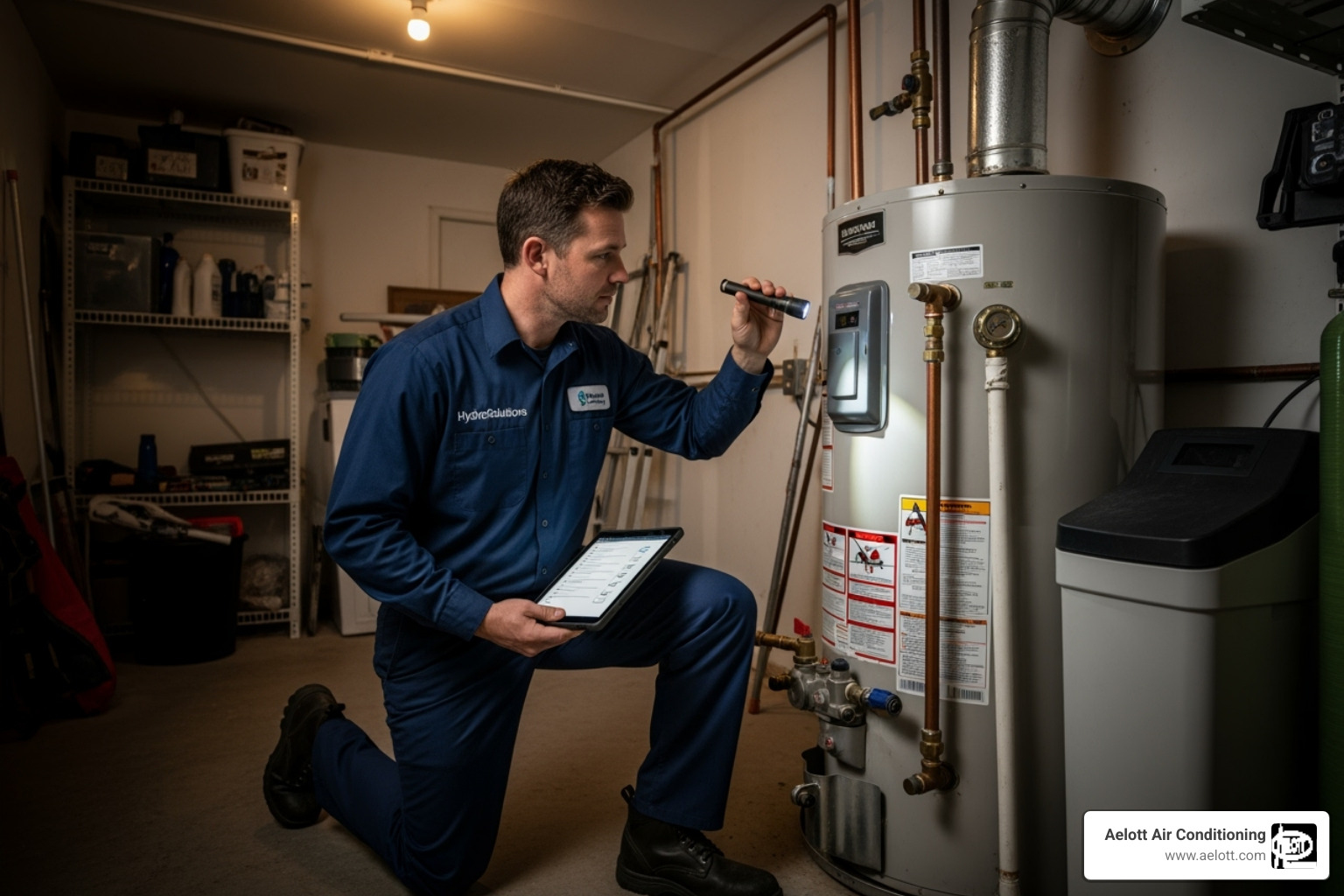 an Aelott technician inspecting a water heater unit - water heater repair San Marcos an Aelott technician inspecting a water heater unit - water heater repair San Marcos