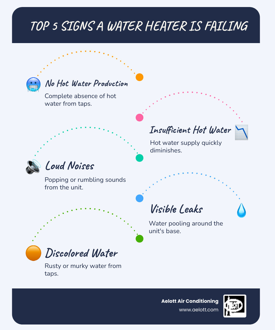Infographic showing the top 5 signs a water heater is failing in San Marcos homes: no hot water production, insufficient hot water supply, loud popping or rumbling noises from the unit, visible water leaks around the base, and rusty or discolored water from taps - water heater repair San Marcos infographic infographic-line-5-steps-blues-accent_colors Infographic showing the top 5 signs a water heater is failing in San Marcos homes: no hot water production, insufficient hot water supply, loud popping or rumbling noises from the unit, visible water leaks around the base, and rusty or discolored water from taps - water heater repair San Marcos infographic infographic-line-5-steps-blues-accent_colors