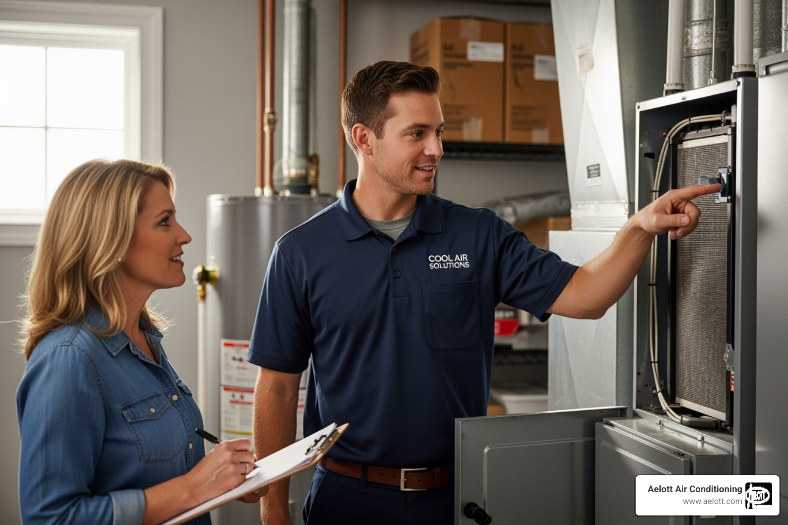 HVAC technician explaining a system to a homeowner - hvac system upgrades