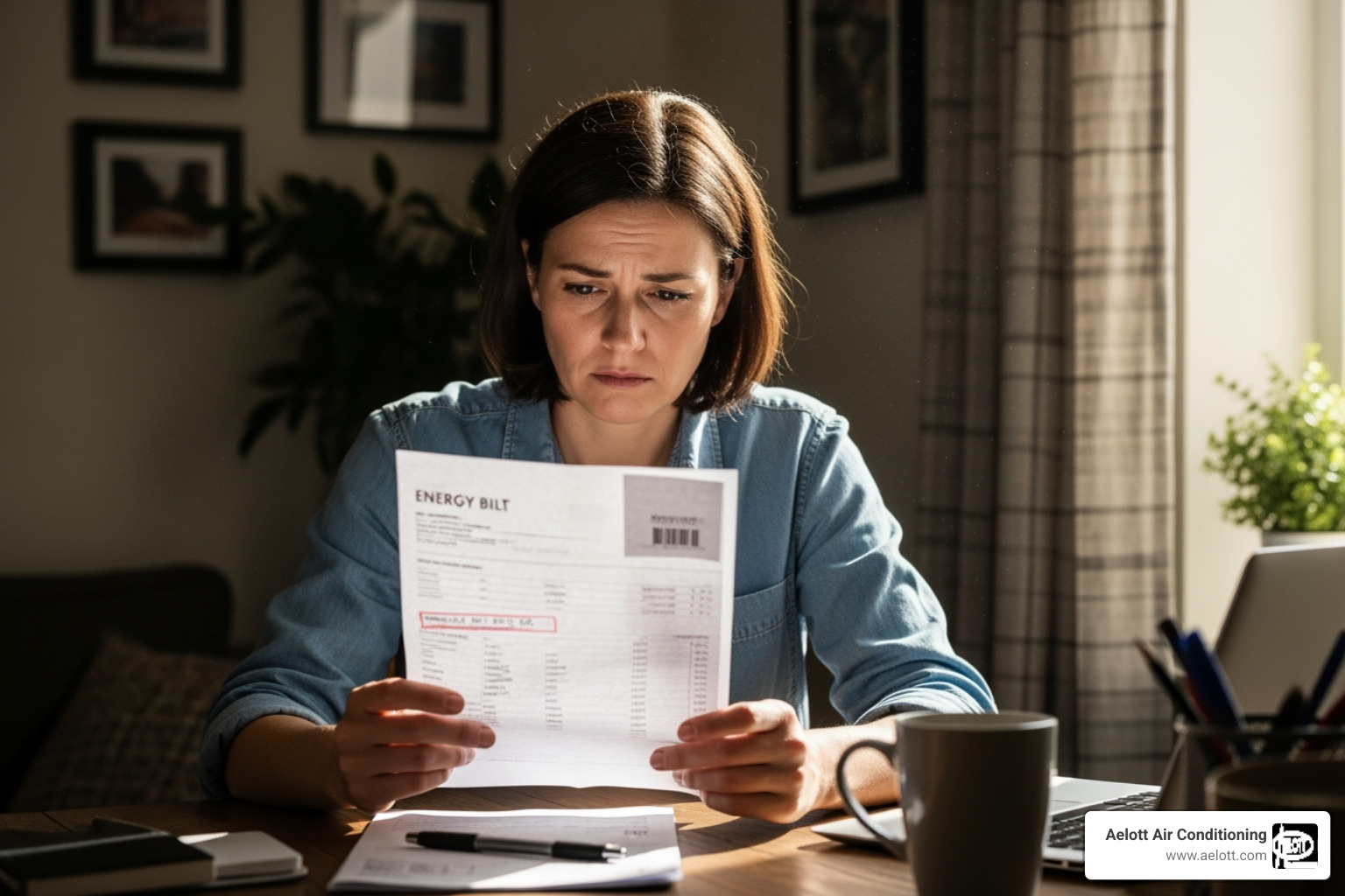 Homeowner looking at a high energy bill with a concerned expression - hvac system upgrades