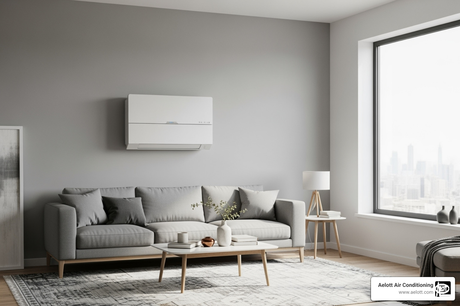Sleek, wall-mounted ductless mini-split unit in a modern living room - hvac system upgrades