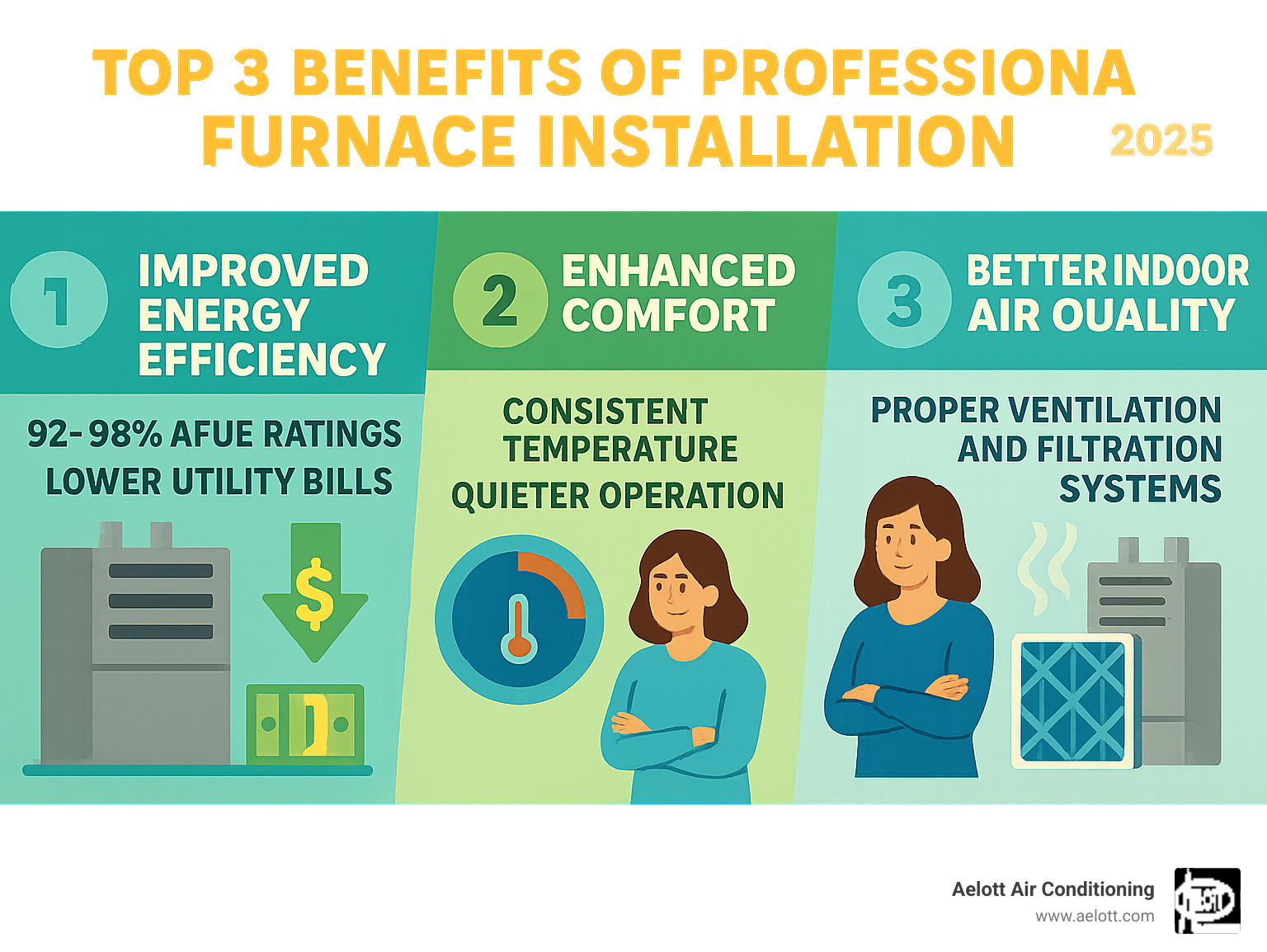 Infographic showing the top 3 benefits of professional furnace installation: improved energy efficiency with 92-98% AFUE ratings leading to lower utility bills, improved comfort through consistent temperature control and quieter operation, and better indoor air quality with proper ventilation and filtration systems - home furnace installation infographic 