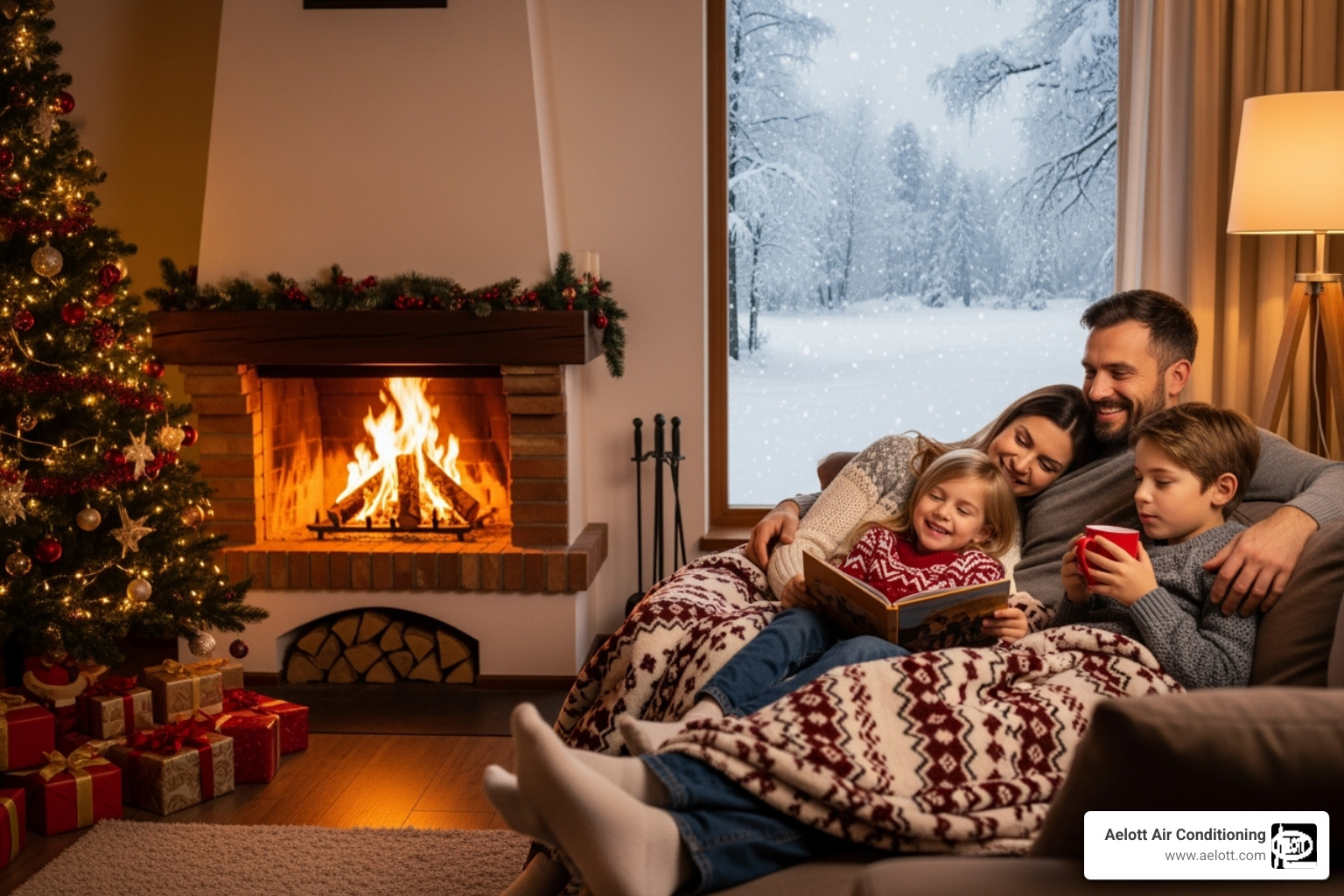 Family enjoying a warm home in winter - home furnace installation
