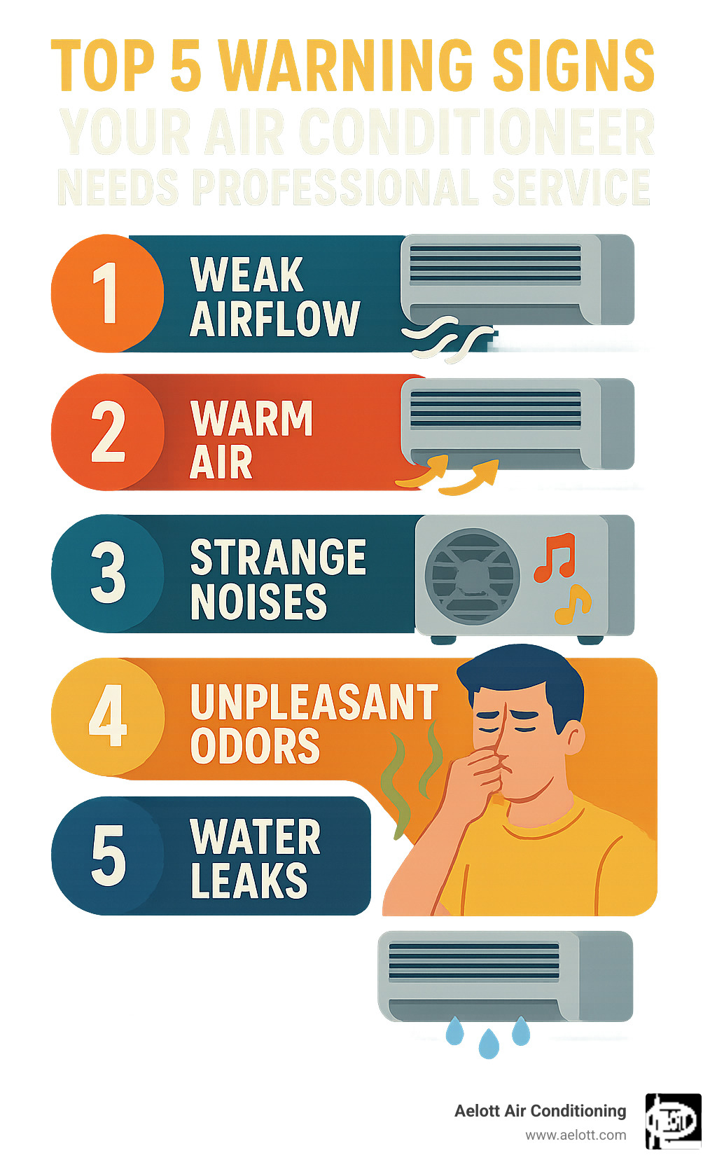 Infographic showing the top 5 warning signs that your air conditioner needs professional service: weak airflow, warm air blowing instead of cool air, strange noises like grinding or whistling, unpleasant odors, and water leaks or excess moisture around the unit - ac service in escondido infographic Infographic showing the top 5 warning signs that your air conditioner needs professional service: weak airflow, warm air blowing instead of cool air, strange noises like grinding or whistling, unpleasant odors, and water leaks or excess moisture around the unit - ac service in escondido infographic