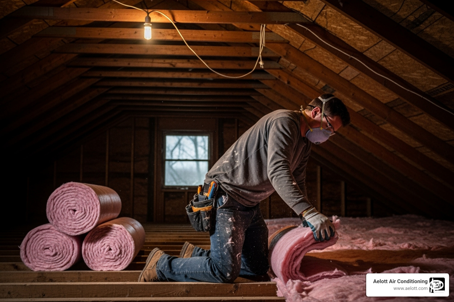 Attic insulation being installed - home heating upgrades