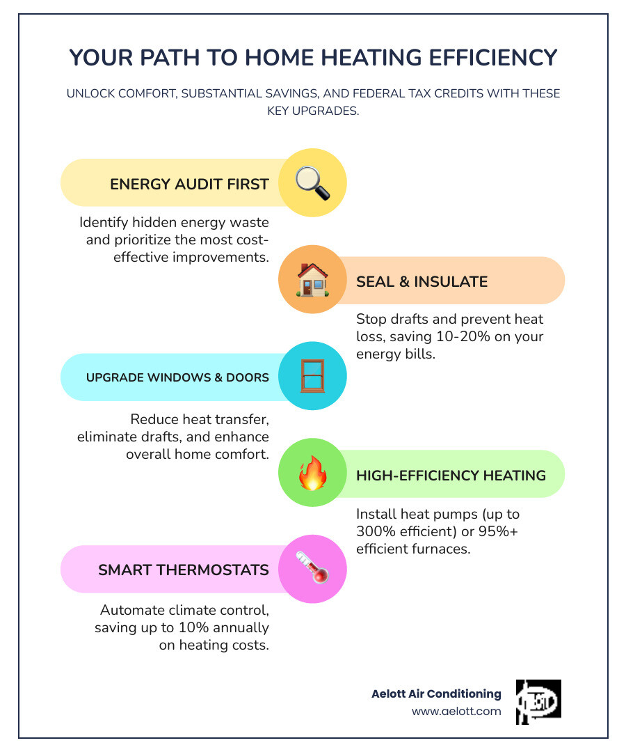 Comprehensive infographic showing six key areas of home energy upgrades: heating system efficiency ratings, insulation and air sealing benefits, window and door improvements, smart thermostat features, federal tax credit amounts, and whole-house energy savings percentages - home heating upgrades infographic infographic-line-5-steps-colors