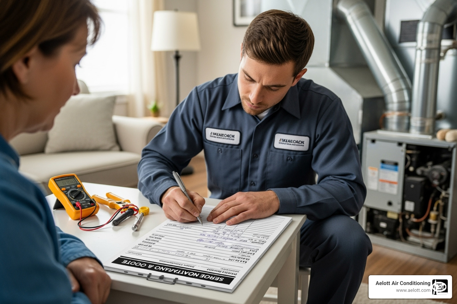 HVAC technician writing up a detailed quote for a customer - electric furnace installation HVAC technician writing up a detailed quote for a customer - electric furnace installation