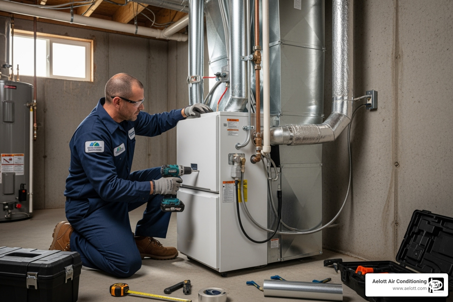 certified technician carefully connecting ductwork to a new electric furnace - electric furnace installation certified technician carefully connecting ductwork to a new electric furnace - electric furnace installation