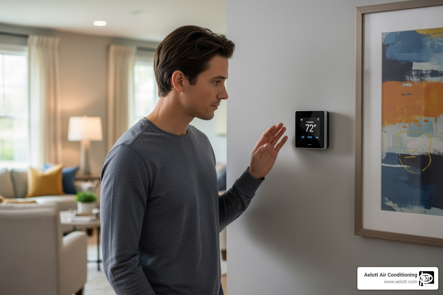 homeowner looking at their thermostat - electric furnace installation homeowner looking at their thermostat - electric furnace installation