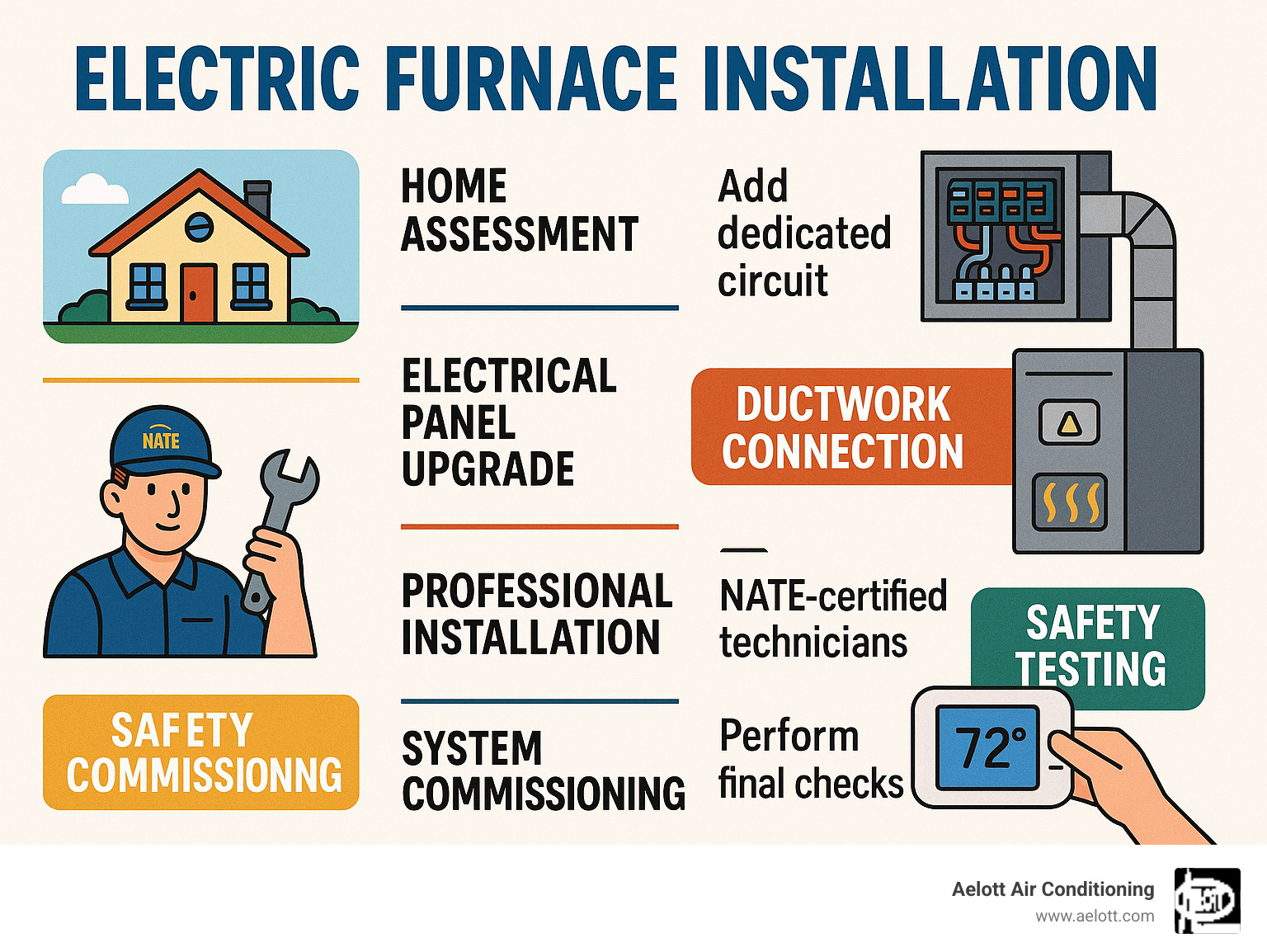 Infographic showing the complete electric furnace installation process from initial home assessment and Manual J load calculation through electrical panel upgrades, ductwork connections, professional installation by NATE-certified technicians, safety testing, and final system commissioning - electric furnace installation infographic  Infographic showing the complete electric furnace installation process from initial home assessment and Manual J load calculation through electrical panel upgrades, ductwork connections, professional installation by NATE-certified technicians, safety testing, and final system commissioning - electric furnace installation infographic