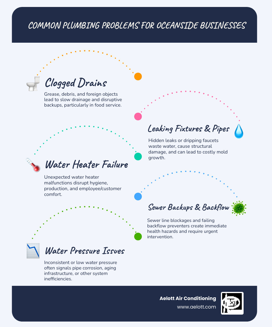 infographic showing common commercial plumbing problems in Oceanside businesses including clogged drains from grease and debris, leaking fixtures wasting water and causing damage, water pressure issues from pipe corrosion, aging infrastructure in older buildings, backflow problems requiring testing, and water heater failures disrupting operations - business plumbing service oceanside ca infographic infographic-line-5-steps-blues-accent_colors infographic showing common commercial plumbing problems in Oceanside businesses including clogged drains from grease and debris, leaking fixtures wasting water and causing damage, water pressure issues from pipe corrosion, aging infrastructure in older buildings, backflow problems requiring testing, and water heater failures disrupting operations - business plumbing service oceanside ca infographic infographic-line-5-steps-blues-accent_colors