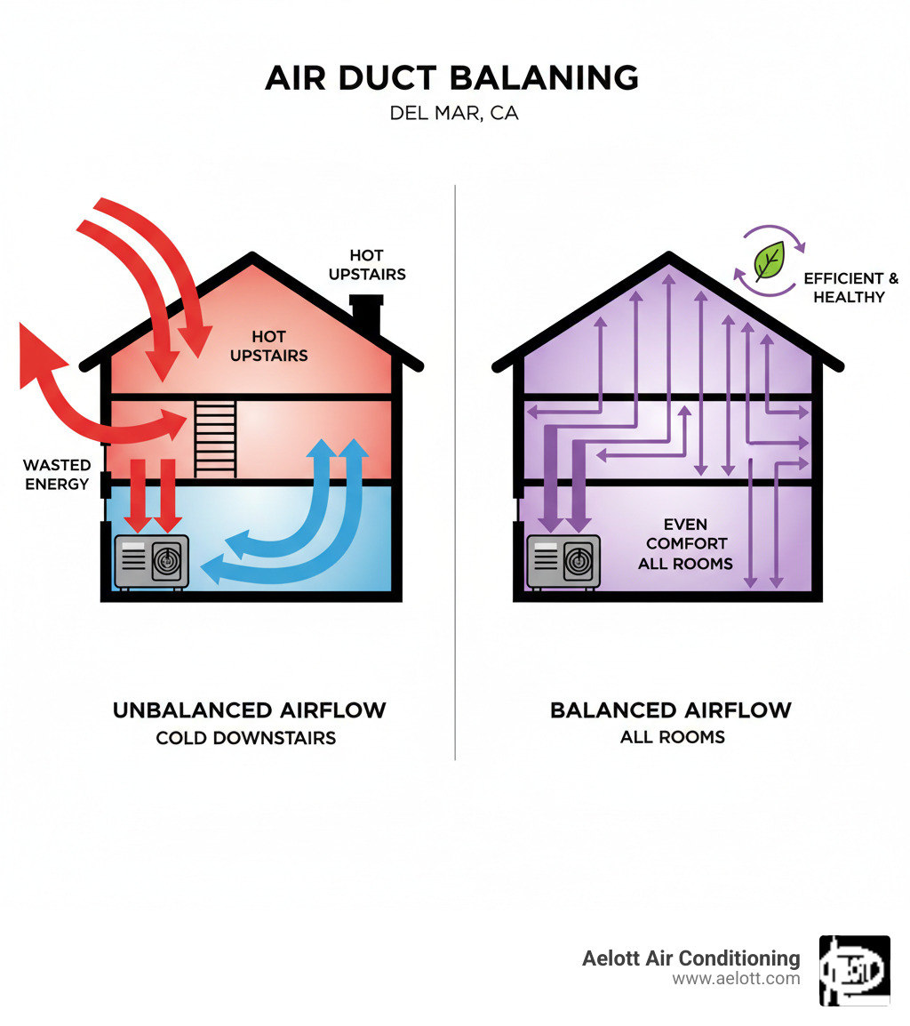 infographic showing a cross-section of a house with arrows indicating unbalanced airflow creating hot rooms upstairs and cold rooms downstairs, with properly balanced airflow shown distributing evenly to all rooms - air duct balancing del mar ca infographic  infographic showing a cross-section of a house with arrows indicating unbalanced airflow creating hot rooms upstairs and cold rooms downstairs, with properly balanced airflow shown distributing evenly to all rooms - air duct balancing del mar ca infographic