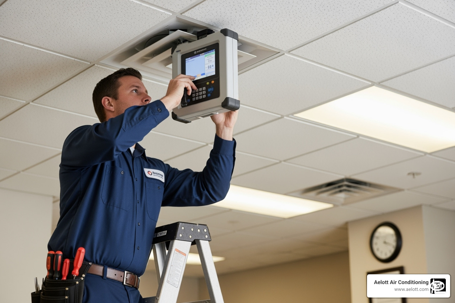 HVAC technician using a capture hood (balometer) on a ceiling vent - air duct balancing del mar ca HVAC technician using a capture hood (balometer) on a ceiling vent - air duct balancing del mar ca