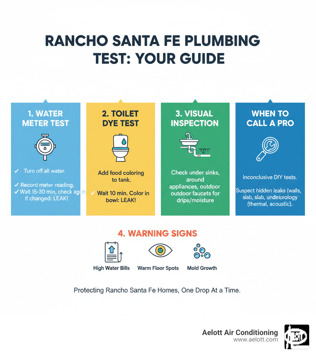 Infographic showing the complete plumbing leak test process in Rancho Santa Fe homes, including the water meter test steps, toilet dye test procedure, visual inspection checklist, warning signs that indicate a hidden leak such as unexplained high water bills warm floor spots and mold growth, and when to call a professional plumber for advanced detection technology - plumbing leak test rancho santa fe ca infographic  Infographic showing the complete plumbing leak test process in Rancho Santa Fe homes, including the water meter test steps, toilet dye test procedure, visual inspection checklist, warning signs that indicate a hidden leak such as unexplained high water bills warm floor spots and mold growth, and when to call a professional plumber for advanced detection technology - plumbing leak test rancho santa fe ca infographic