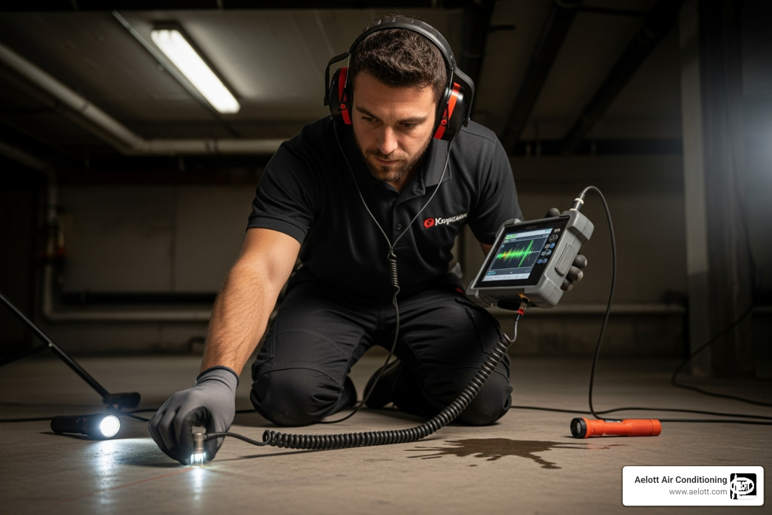 professional technician using acoustic leak detection equipment - plumbing leak test rancho santa fe ca professional technician using acoustic leak detection equipment - plumbing leak test rancho santa fe ca