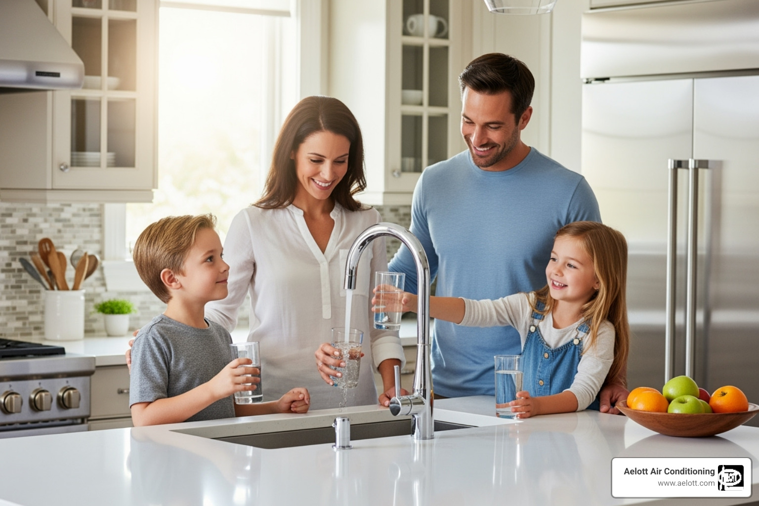 family enjoying clean water from a kitchen sink - leaking pipe replacement poway ca