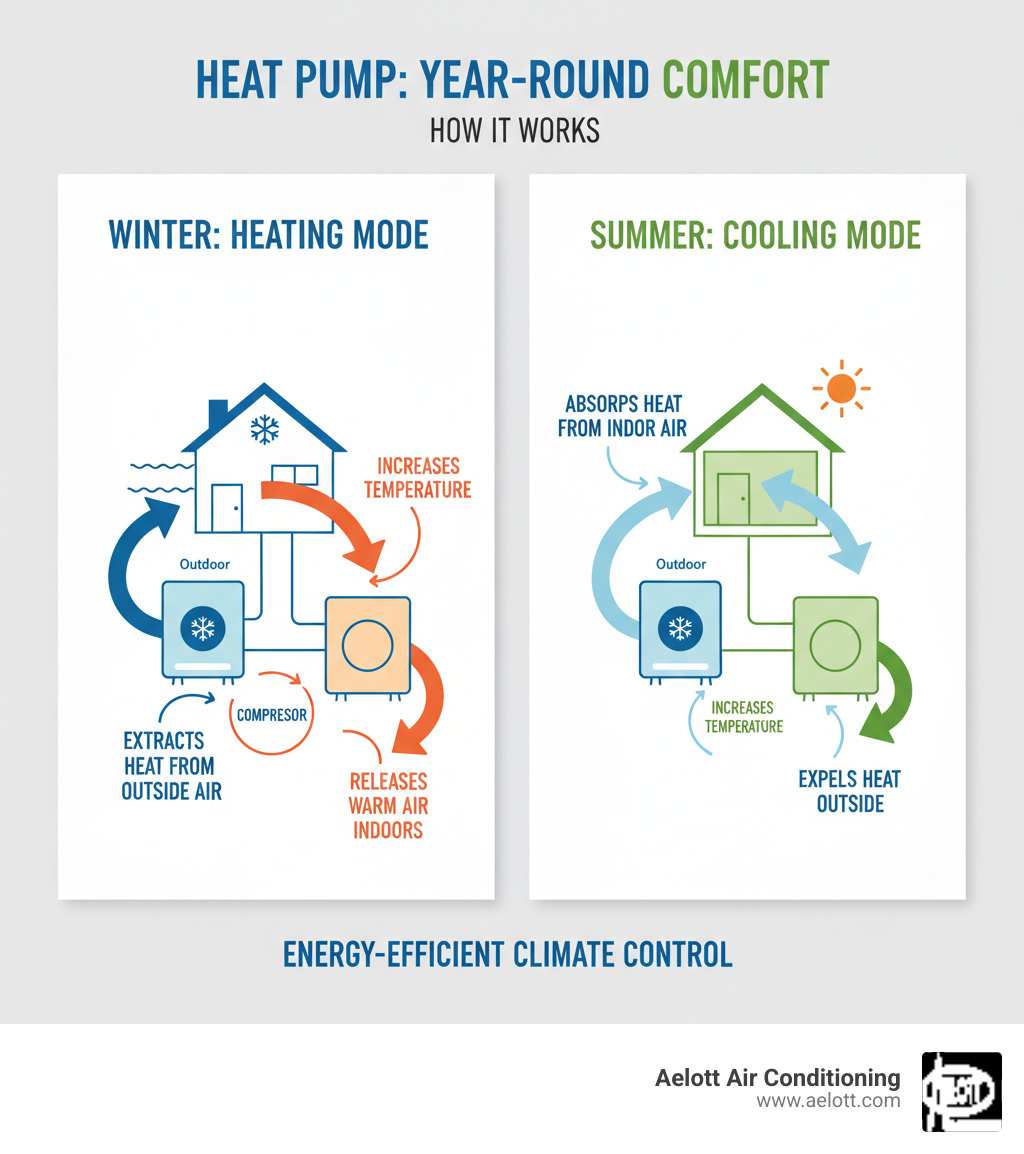 Infographic showing how heat pumps transfer heat in both heating and cooling modes: In winter, outdoor unit extracts heat from outside air, compressor increases temperature, and indoor unit releases warm air into home. In summer, process reverses with indoor unit absorbing heat and outdoor unit expelling it outside. Arrows show refrigerant flow direction and heat transfer process for both seasons. - heat pump installation rancho bernardo ca infographic Infographic showing how heat pumps transfer heat in both heating and cooling modes: In winter, outdoor unit extracts heat from outside air, compressor increases temperature, and indoor unit releases warm air into home. In summer, process reverses with indoor unit absorbing heat and outdoor unit expelling it outside. Arrows show refrigerant flow direction and heat transfer process for both seasons. - heat pump installation rancho bernardo ca infographic