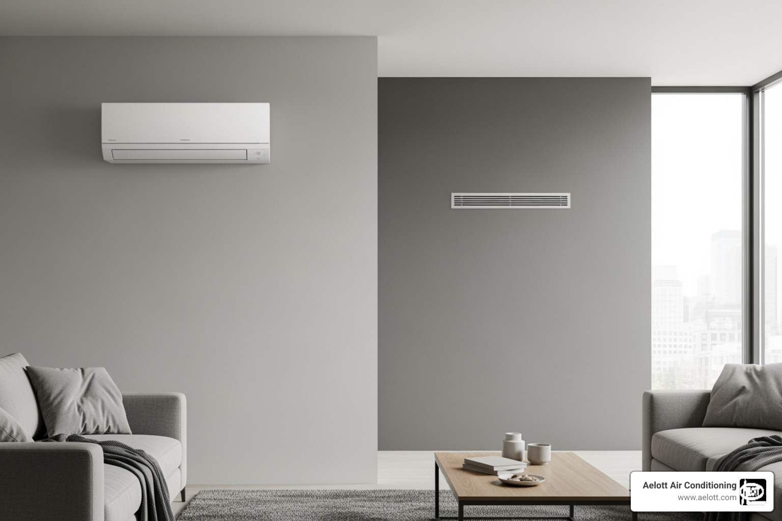 Image comparing a discreet ductless mini-split on a wall to a central air vent - heat pump installation rancho bernardo ca Image comparing a discreet ductless mini-split on a wall to a central air vent - heat pump installation rancho bernardo ca