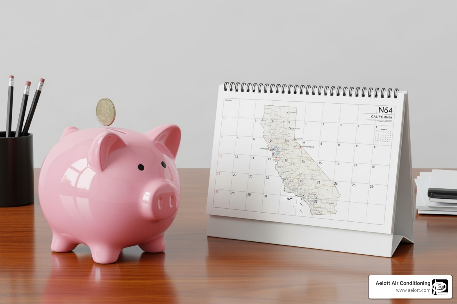 Piggy bank next to a calendar showing California - heat pump installation rancho bernardo ca Piggy bank next to a calendar showing California - heat pump installation rancho bernardo ca