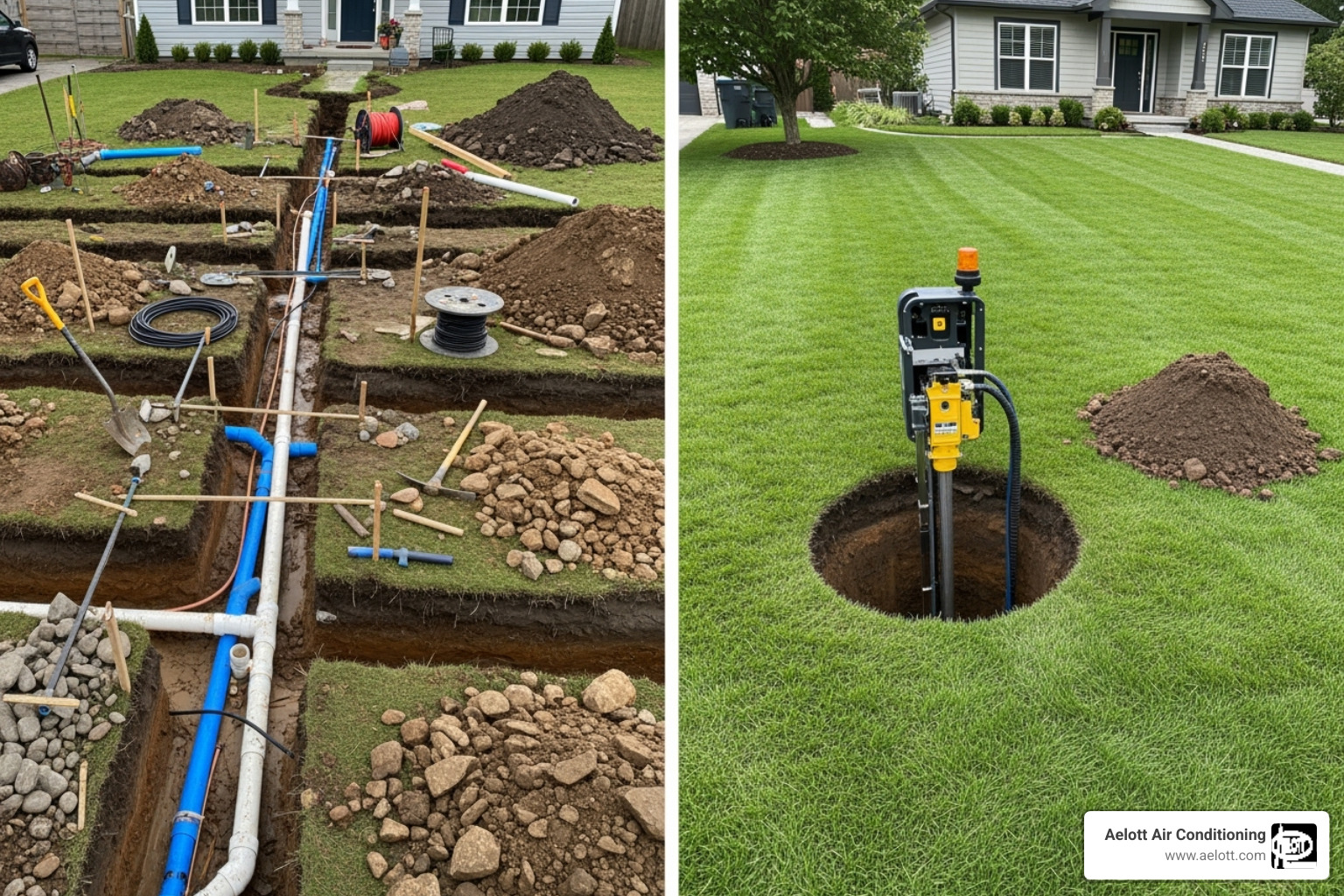 Image comparing a trenched yard to a small access point for trenchless repair - burst pipe emergency poway ca