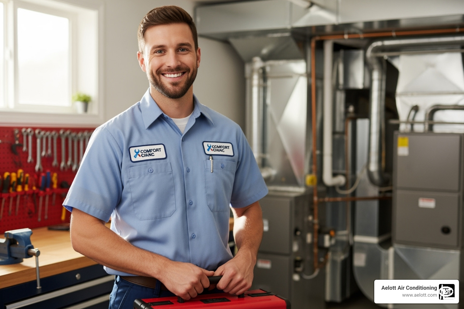 Image of a professional, uniformed technician smiling and holding a toolkit - furnace troubleshooting del mar ca