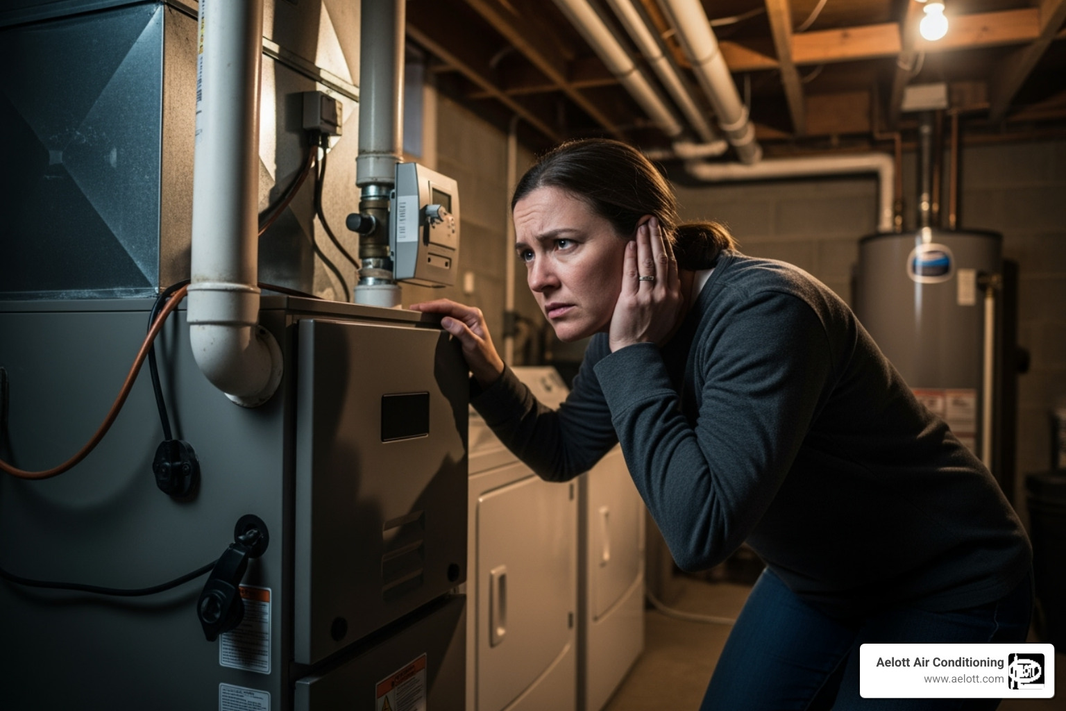 Image of a homeowner listening to a noisy furnace with a concerned expression - furnace troubleshooting del mar ca