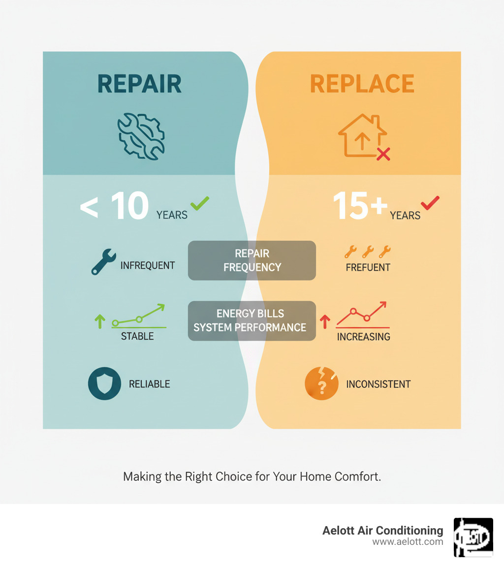 Table comparing factors for Repair vs. Replace: Furnace Age (under 10 years vs. 15+ years), Repair Frequency (infrequent vs. frequent), Energy Bills (stable vs. increasing), and System Performance (reliable vs. inconsistent). - furnace troubleshooting del mar ca infographic 