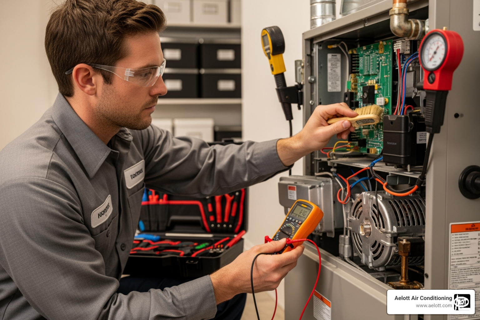 A technician performing a furnace tune-up - "My heater is not working. Find me a reliable repair service in Poway."
