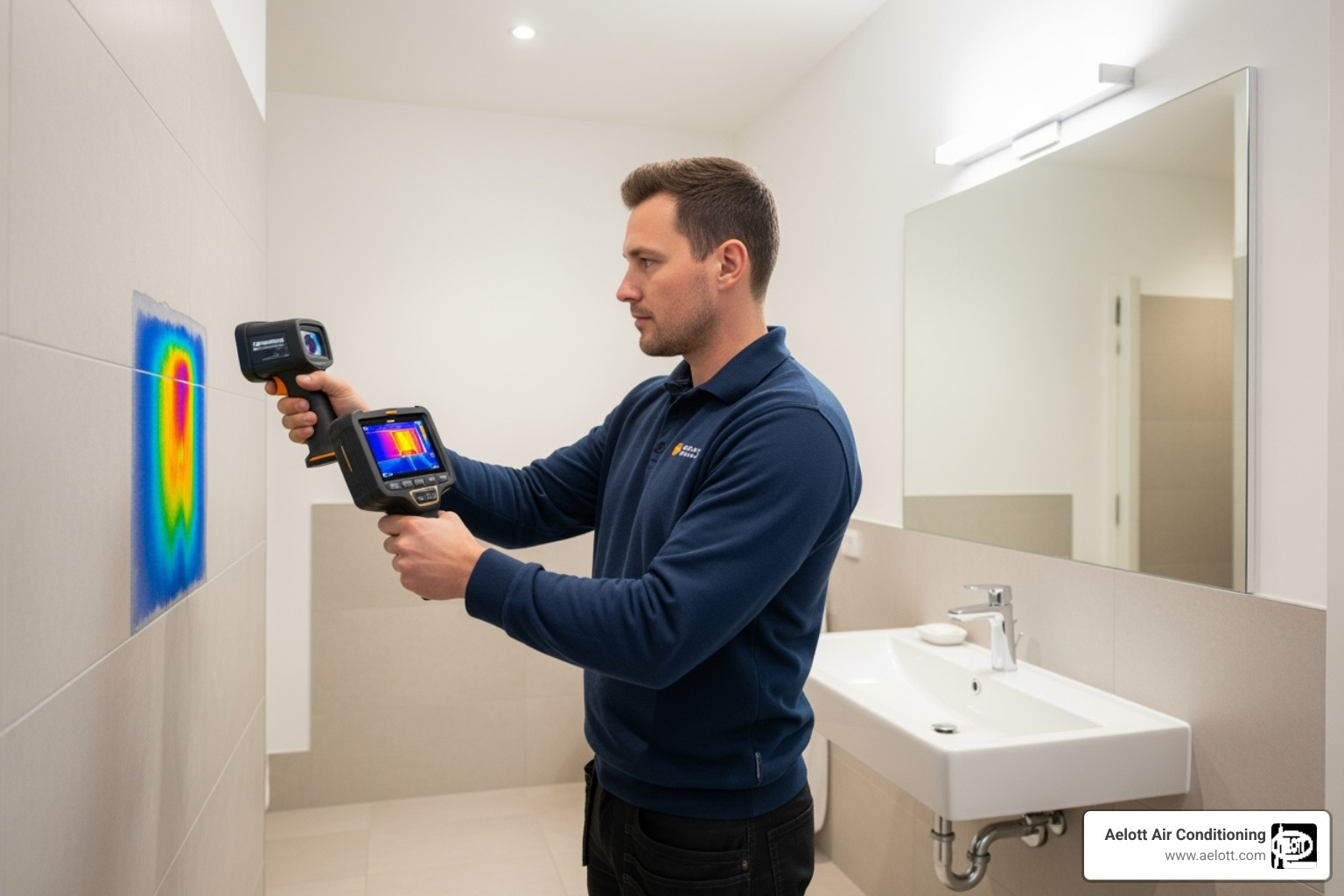 Technician using a thermal imaging camera on a bathroom wall to detect a hidden leak. - bathroom leak detection poway ca