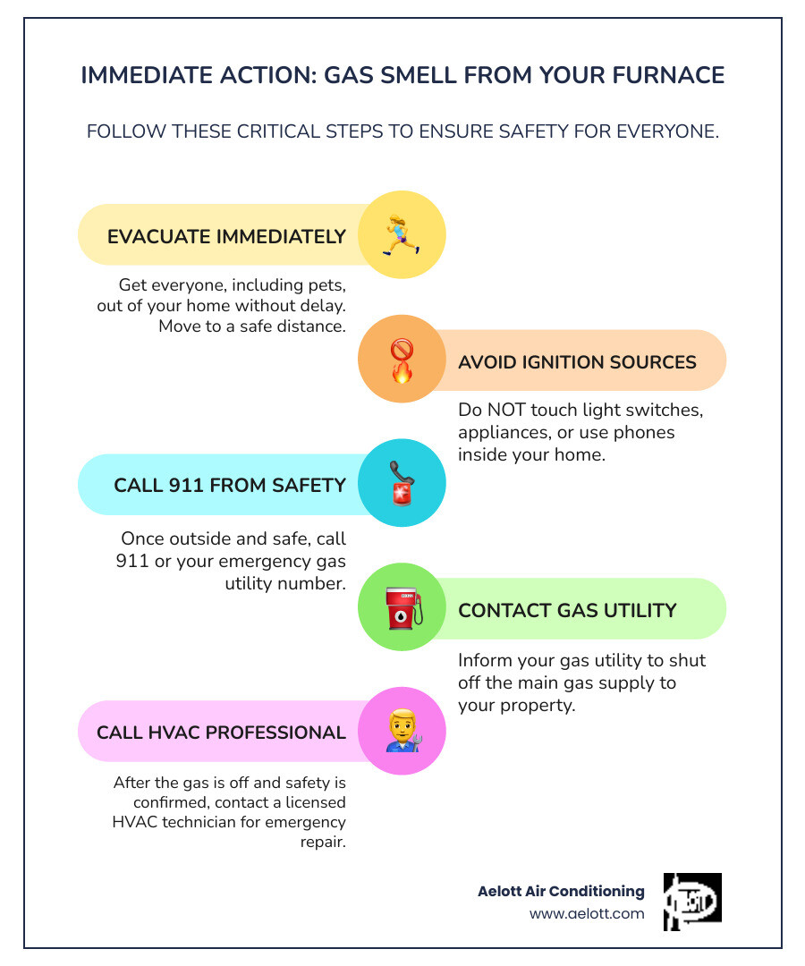 Infographic showing four immediate safety steps when you smell gas: Step 1 - Evacuate all people and pets immediately. Step 2 - Do not create any sparks, flames, or use electrical switches. Step 3 - Call 911 and your gas utility from outside. Step 4 - Contact a licensed HVAC professional for emergency furnace repair - "My furnace smells like gas, who should I call for an emergency check in the San Marcos area?" infographic infographic-line-5-steps-colors