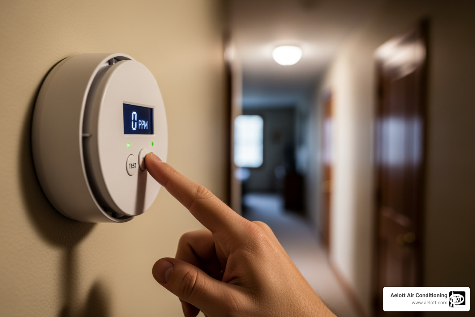 Homeowner testing a carbon monoxide detector in their hallway - "My furnace smells like gas, who should I call for an emergency check in the San Marcos area?"