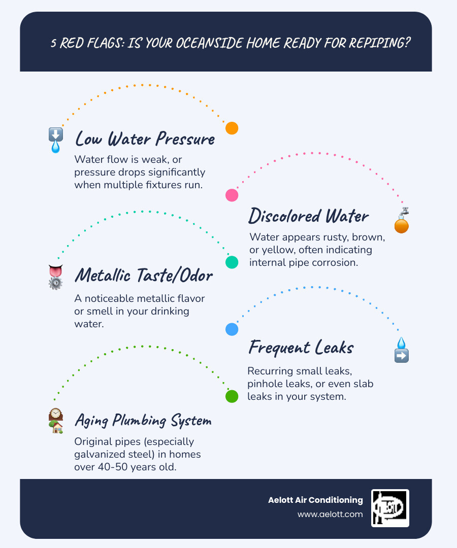 infographic showing the top 5 signs you need to repipe your home including low water pressure gauge, discolored water in glass, corroded pipe cross-section, water leak damage on wall, and calendar showing home age over 40 years - whole house repiping oceanside ca infographic infographic-line-5-steps-blues-accent_colors infographic showing the top 5 signs you need to repipe your home including low water pressure gauge, discolored water in glass, corroded pipe cross-section, water leak damage on wall, and calendar showing home age over 40 years - whole house repiping oceanside ca infographic infographic-line-5-steps-blues-accent_colors