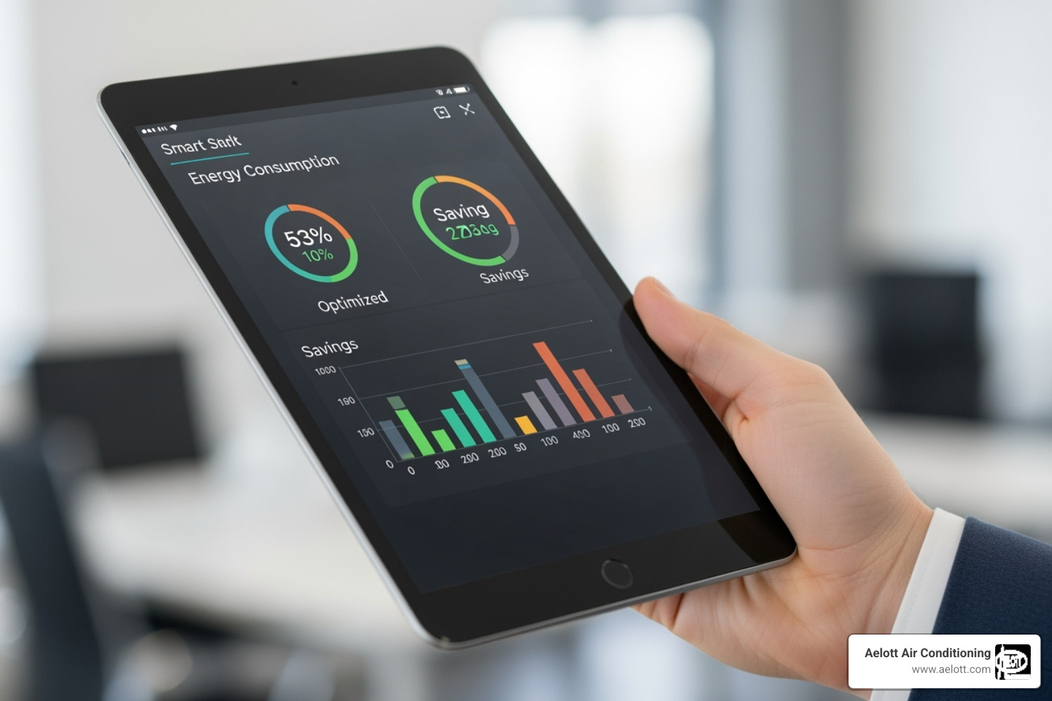 smart thermostat interface on a tablet showing energy savings data - commercial hvac control rancho bernardo ca