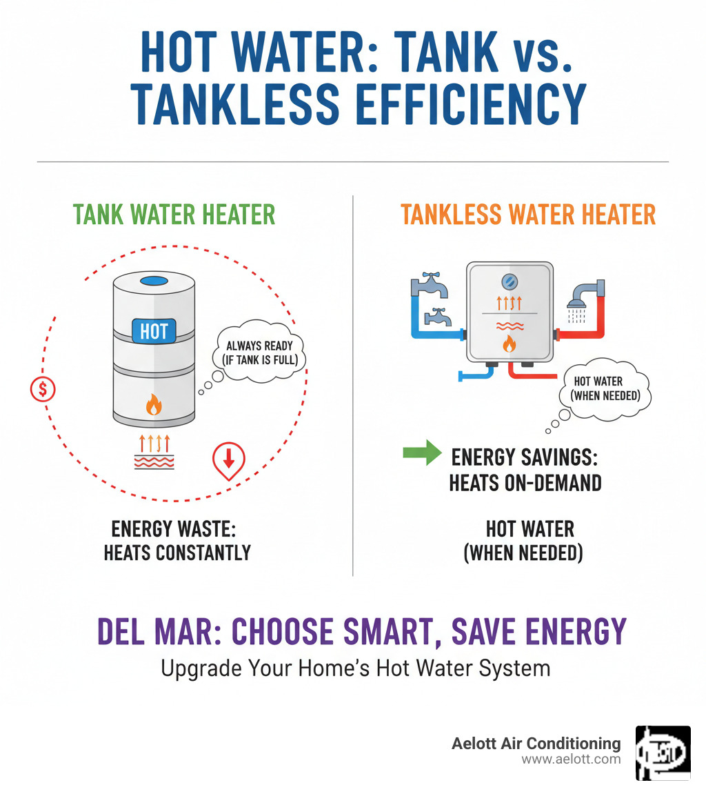 infographic showing tank water heater with storage tank heating water continuously versus tankless water heater heating water on-demand only when faucet opens, highlighting energy waste in tank systems and efficiency of tankless systems - install new water heater del mar ca infographic infographic showing tank water heater with storage tank heating water continuously versus tankless water heater heating water on-demand only when faucet opens, highlighting energy waste in tank systems and efficiency of tankless systems - install new water heater del mar ca infographic