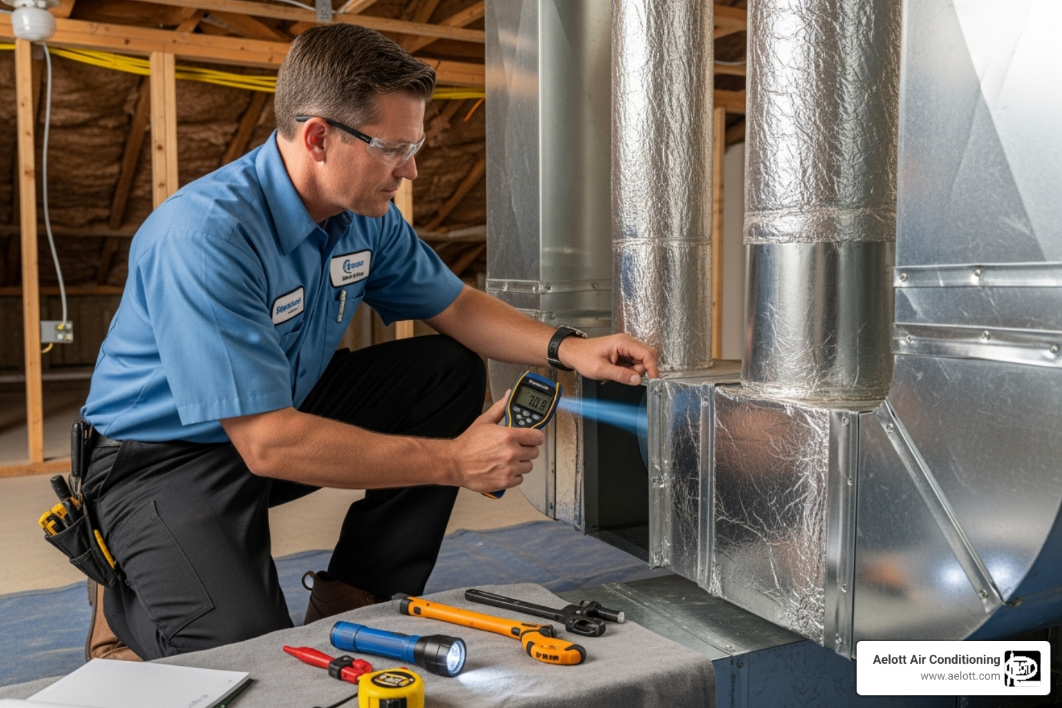 HVAC technician performing a home assessment, measuring and inspecting ductwork - hvac installation encinitas ca HVAC technician performing a home assessment, measuring and inspecting ductwork - hvac installation encinitas ca