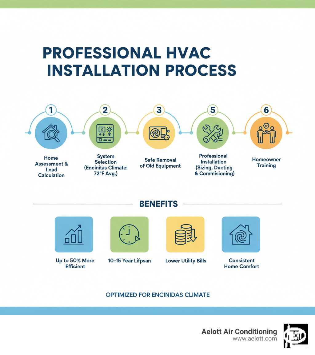 Infographic showing the professional HVAC installation process: 1) Home Assessment & Load Calculation, 2) System Selection Based on Encinitas Climate (mild 72°F average, cooling-focused with occasional heating), 3) Safe Removal of Old Equipment, 4) Professional Installation with Proper Sizing, Ductwork Modifications, and Electrical Connections, 5) System Testing & Commissioning, 6) Homeowner Training. Benefits highlighted: Up to 50% more efficient than old systems, 10-15 year lifespan, lower utility bills, consistent comfort throughout home. - hvac installation encinitas ca infographic Infographic showing the professional HVAC installation process: 1) Home Assessment & Load Calculation, 2) System Selection Based on Encinitas Climate (mild 72°F average, cooling-focused with occasional heating), 3) Safe Removal of Old Equipment, 4) Professional Installation with Proper Sizing, Ductwork Modifications, and Electrical Connections, 5) System Testing & Commissioning, 6) Homeowner Training. Benefits highlighted: Up to 50% more efficient than old systems, 10-15 year lifespan, lower utility bills, consistent comfort throughout home. - hvac installation encinitas ca infographic