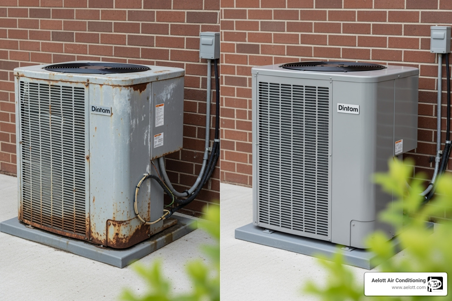 an old, inefficient outdoor AC unit contrasted with a new, sleek model - hvac installation encinitas ca an old, inefficient outdoor AC unit contrasted with a new, sleek model - hvac installation encinitas ca