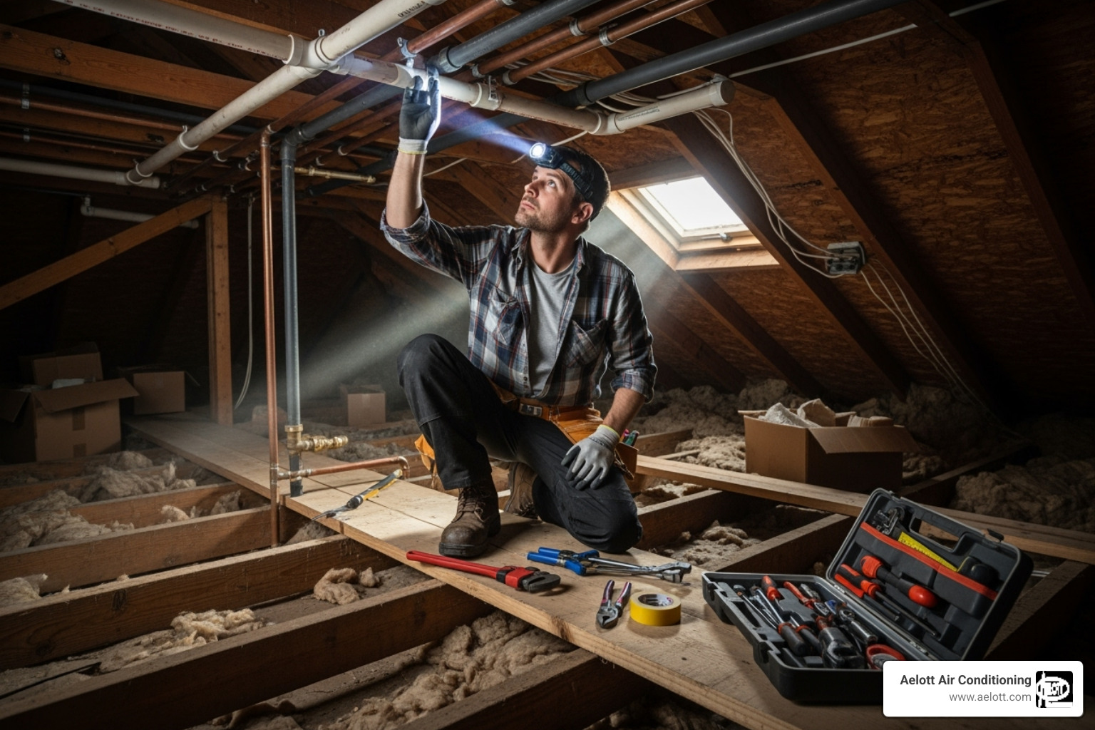 a plumber inspecting pipes in an attic space - ceiling leak repair rancho bernardo ca a plumber inspecting pipes in an attic space - ceiling leak repair rancho bernardo ca
