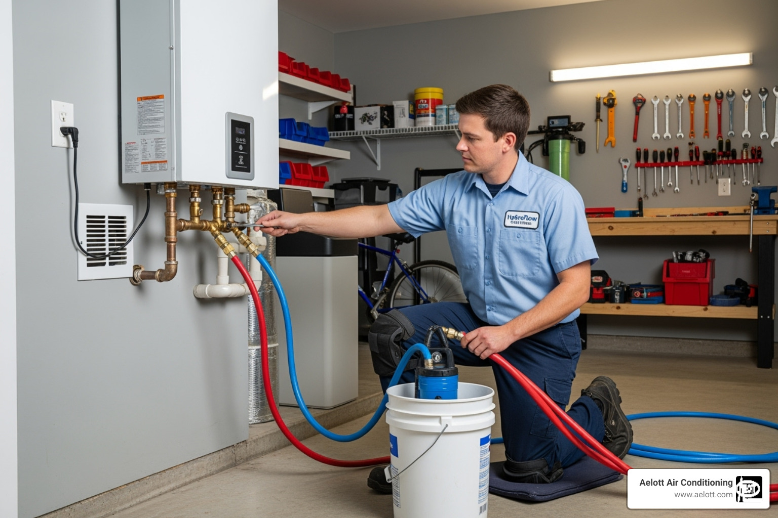 technician flushing a tankless water heater - tankless unit maintenance vista ca