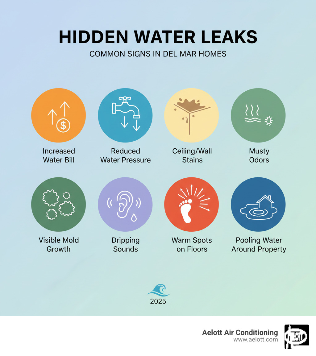 Infographic showing common signs of hidden water leaks including unexplained water bill increases, reduced water pressure, water stains on ceilings and walls, musty odors, visible mold growth, sounds of dripping water inside walls, warm spots on floors, and pooling water around the property - emergency leak repair del mar ca infographic Infographic showing common signs of hidden water leaks including unexplained water bill increases, reduced water pressure, water stains on ceilings and walls, musty odors, visible mold growth, sounds of dripping water inside walls, warm spots on floors, and pooling water around the property - emergency leak repair del mar ca infographic