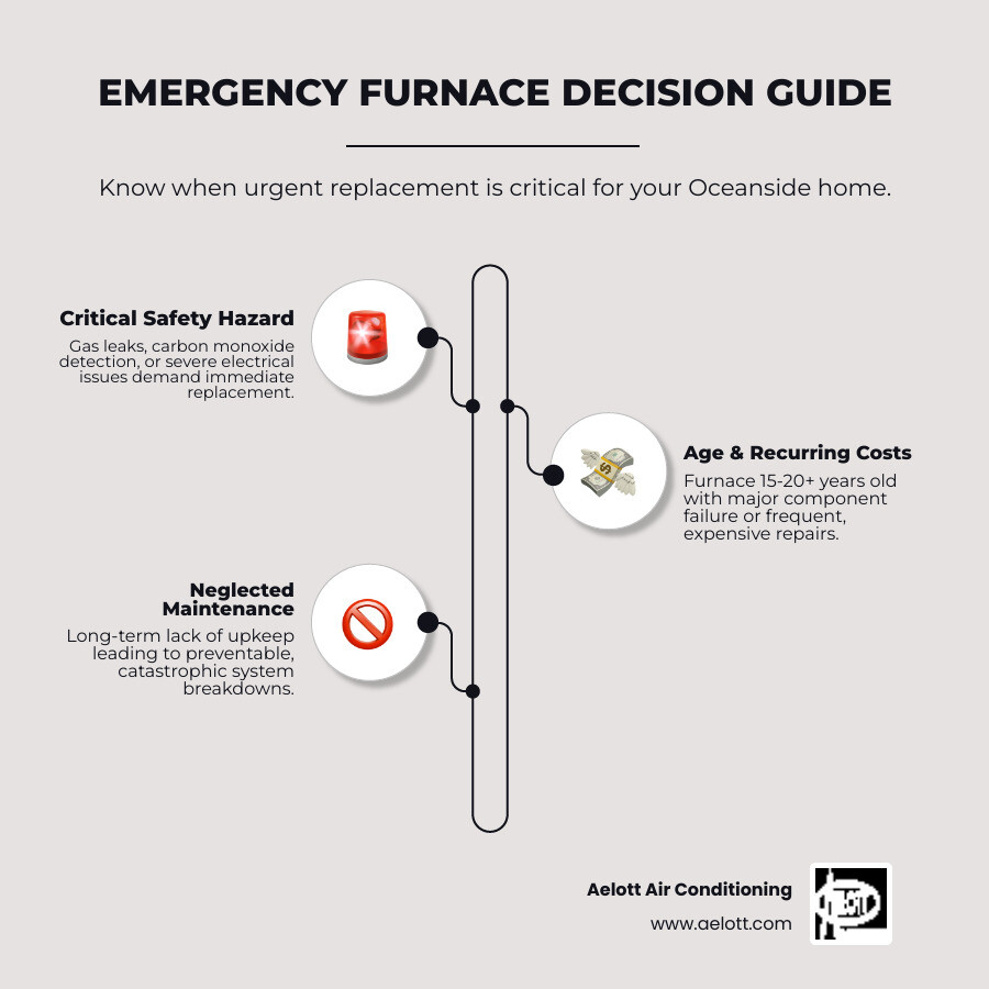 Infographic showing the decision tree for emergency furnace replacement: safety hazards at top (carbon monoxide, gas leaks, electrical issues) leading to immediate replacement; system age and repair costs in middle section leading to cost-benefit analysis; and maintenance neglect at bottom leading to preventable failures - emergency furnace replacement in oceanside, ca infographic infographic-line-3-steps-elegant_beige Infographic showing the decision tree for emergency furnace replacement: safety hazards at top (carbon monoxide, gas leaks, electrical issues) leading to immediate replacement; system age and repair costs in middle section leading to cost-benefit analysis; and maintenance neglect at bottom leading to preventable failures - emergency furnace replacement in oceanside, ca infographic infographic-line-3-steps-elegant_beige