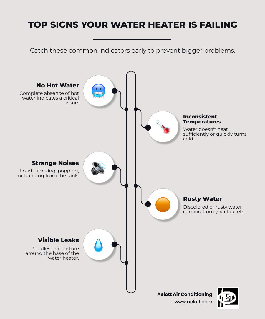 Infographic showing the 7 most common signs your water heater needs repair: 1) No hot water at all, 2) Water doesn't get hot enough or cools quickly, 3) Rumbling, popping, or banging noises from tank, 4) Rusty or discolored water from faucets, 5) Visible leaks or puddles near unit, 6) Weak water pressure throughout home, 7) Unit is over 10 years old with increasing issues - water heater repair oceanside ca infographic infographic-line-5-steps-elegant_beige Infographic showing the 7 most common signs your water heater needs repair: 1) No hot water at all, 2) Water doesn't get hot enough or cools quickly, 3) Rumbling, popping, or banging noises from tank, 4) Rusty or discolored water from faucets, 5) Visible leaks or puddles near unit, 6) Weak water pressure throughout home, 7) Unit is over 10 years old with increasing issues - water heater repair oceanside ca infographic infographic-line-5-steps-elegant_beige