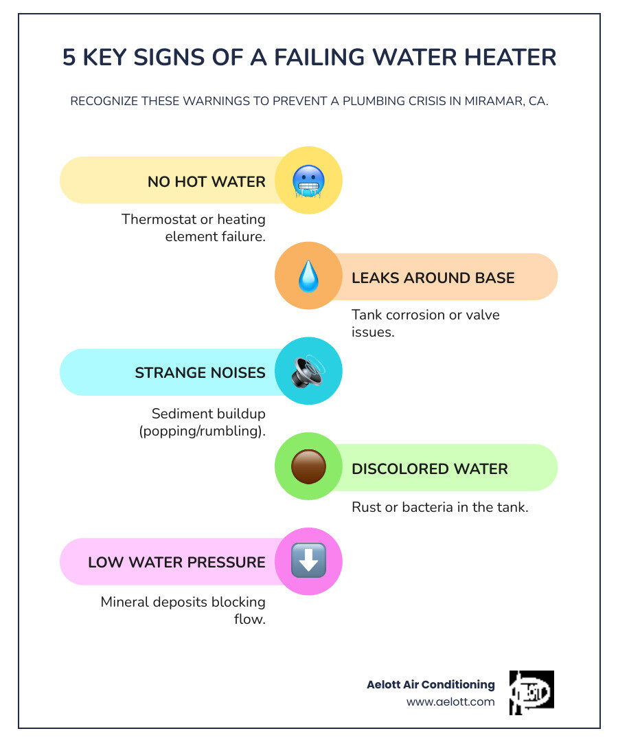Infographic showing 5 key signs of a failing water heater: 1) No Hot Water - thermostat or heating element failure, 2) Leaks Around Base - tank corrosion or valve issues, 3) Strange Noises - sediment buildup causing popping or rumbling, 4) Discolored or Smelly Water - rust or bacteria in tank, 5) Low Water Pressure - mineral deposits blocking flow - 24 hour water heater repair in miramar, ca infographic infographic-line-5-steps-colors Infographic showing 5 key signs of a failing water heater: 1) No Hot Water - thermostat or heating element failure, 2) Leaks Around Base - tank corrosion or valve issues, 3) Strange Noises - sediment buildup causing popping or rumbling, 4) Discolored or Smelly Water - rust or bacteria in tank, 5) Low Water Pressure - mineral deposits blocking flow - 24 hour water heater repair in miramar, ca infographic infographic-line-5-steps-colors