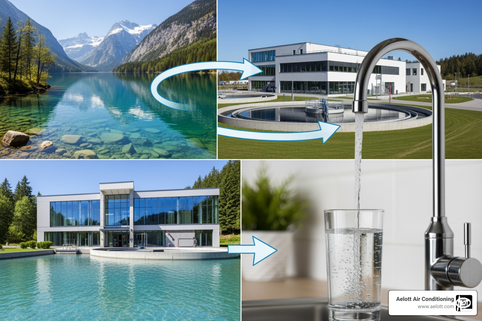 Infographic showing the journey of tap water from San Marcos water sources (Edwards Aquifer and Canyon Lake) through municipal treatment, into home pipes, and potential contamination points including mineral pickup, chlorine addition, and pipe sediment, with filtration solutions at different stages - home water filtration in san marcos, ca