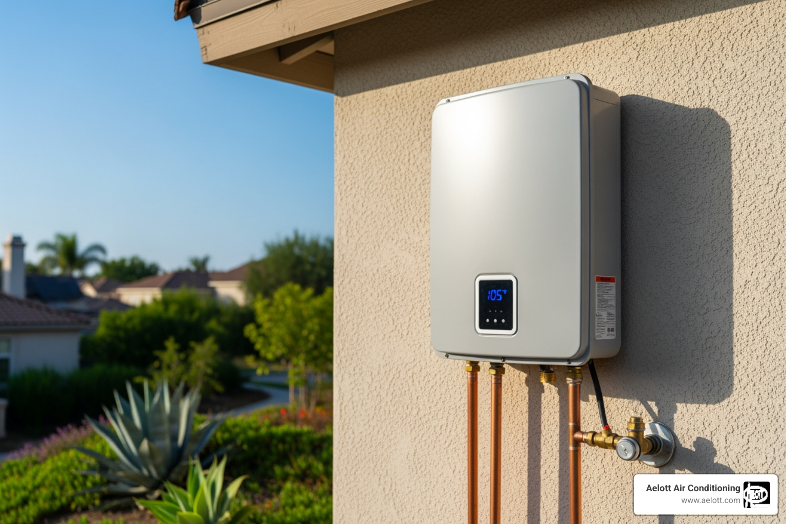 Infographic showing how tankless water heaters work: cold water enters the unit, flows past a heat exchanger activated by demand, and exits as hot water instantly without any storage tank, highlighting key benefits including 20+ year lifespan, 10-34% energy savings, endless hot water supply, and compact wall-mounted design - tankless water heater in vista, ca