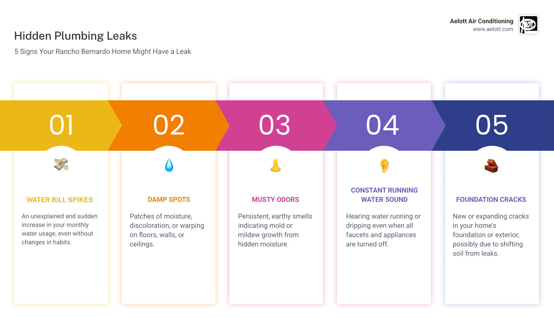 Infographic showing the top 5 signs of a hidden plumbing leak in Rancho Bernardo homes: unexplained water bill spikes, damp spots on floors or walls, musty odors, sound of running water when fixtures are off, and visible foundation cracks - residential plumber in rancho bernardo, ca infographic pillar-5-steps