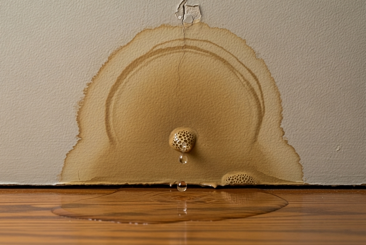 Infographic showing the top 5 signs of a plumbing emergency: sudden water pressure drop with a pressure gauge icon, gurgling drain sounds with water swirl illustration, foul odors from pipes with smell waves, unexplained water bill spike with upward trending graph, and water stains on walls with ceiling damage visual - 24 hour residential plumber in rancho santa fe, ca