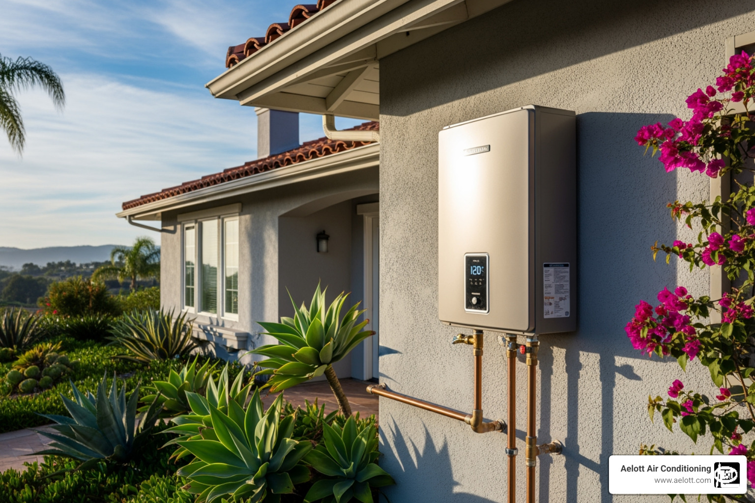 infographic showing water flowing through a tankless unit with heating elements activating on demand, arrows indicating cold water in and hot water out, with labels for burner or heating element, heat exchanger, and flow sensor - tankless water heater carlsbad ca